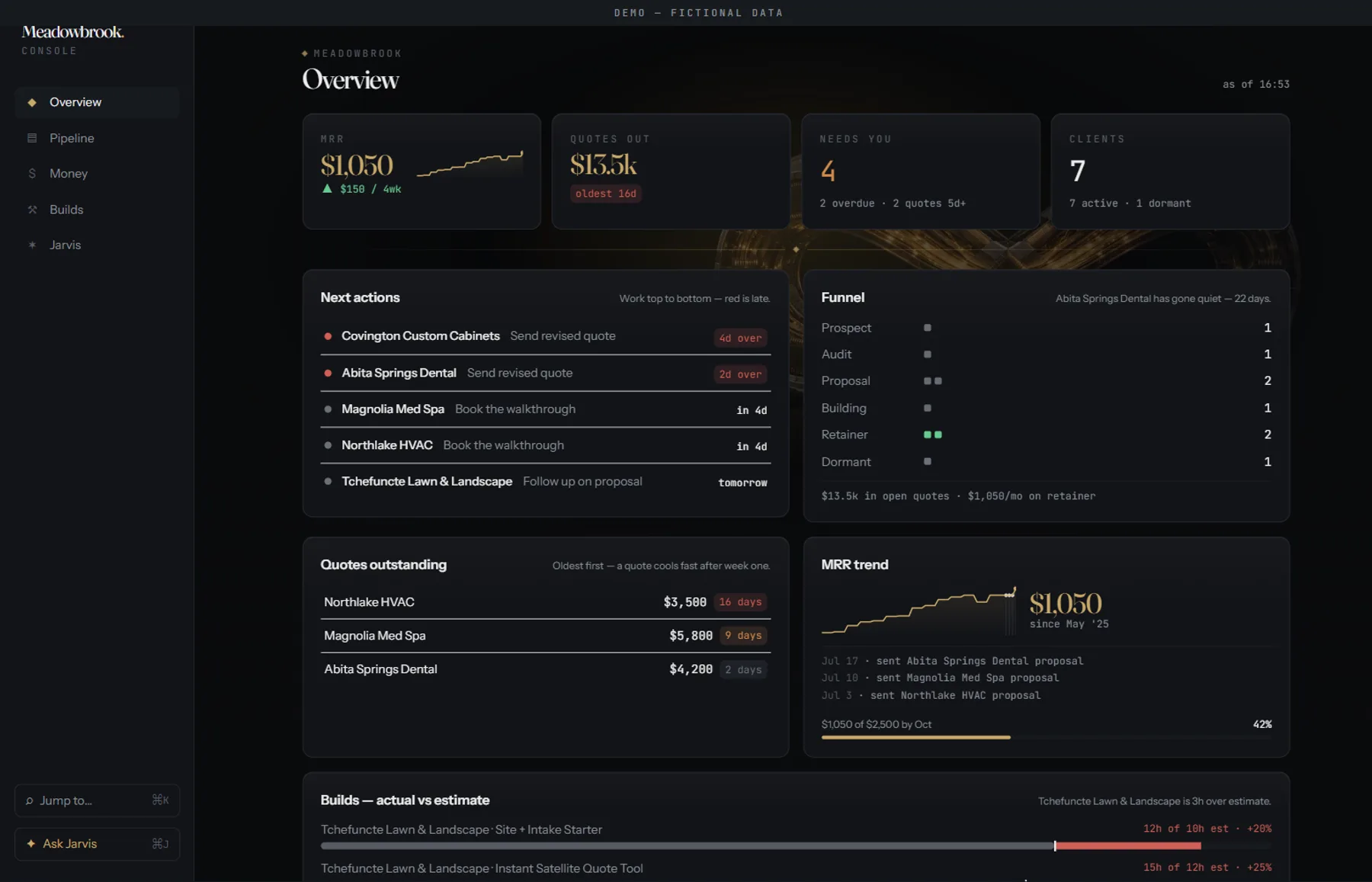 The Meadowbrook Console — pipeline, money, and builds on one dark dashboard