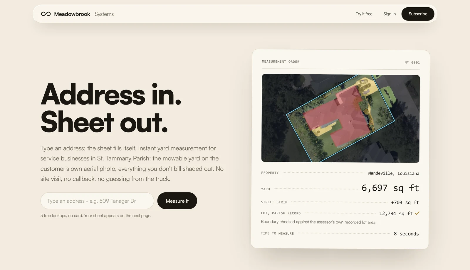 Meadowbrook Measure running in a browser: the headline “Address in. Sheet out.”, an address box, and a measurement order showing an aerial photo of a property with the yard, roof and driveway shaded, and a yard figure of 6,697 square feet.
