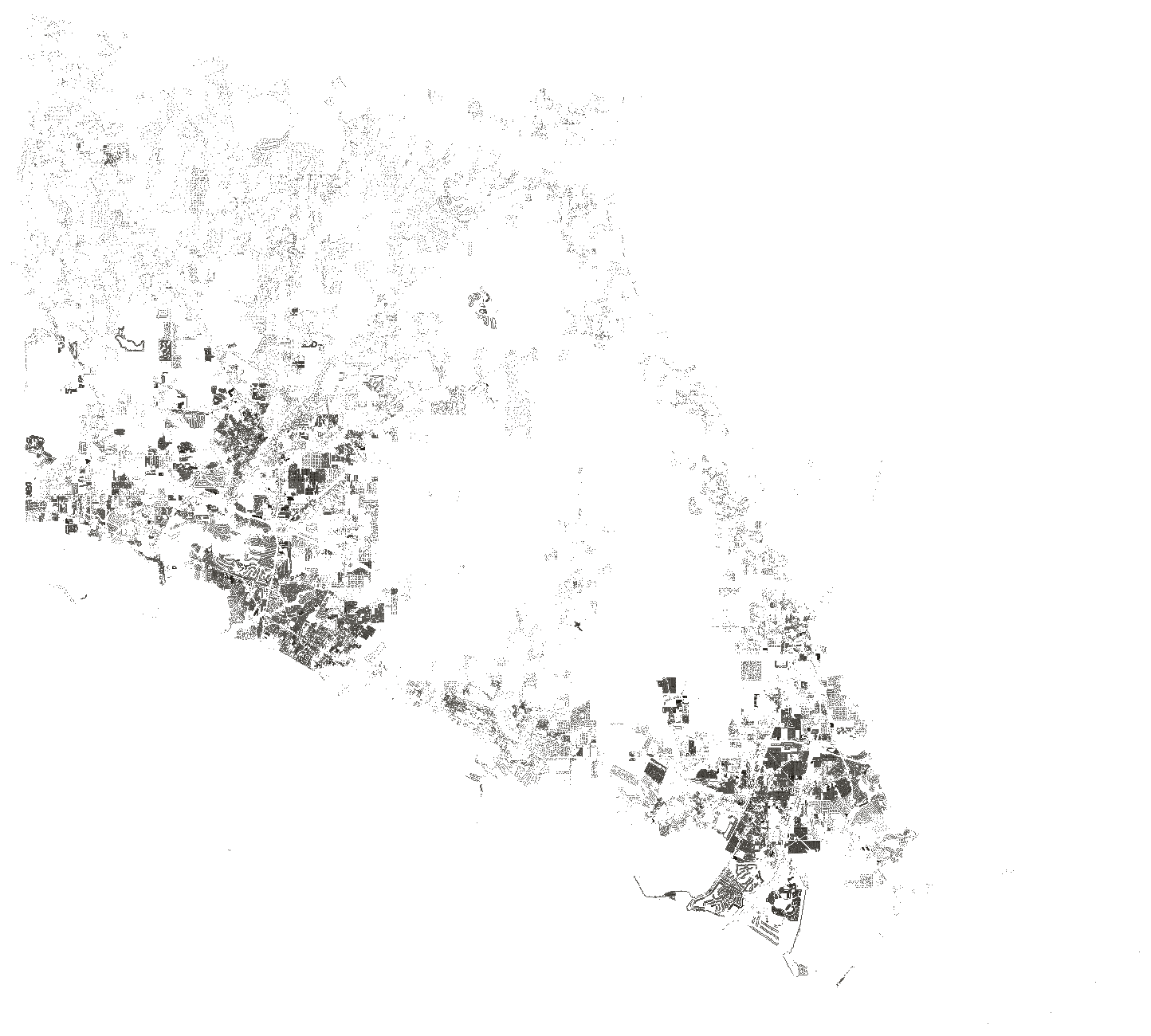 A map of St. Tammany Parish, Louisiana drawn as one dot per address. Dense clusters mark Slidell in the south east, Covington and Mandeville in the west, with Madisonville, Abita Springs, Lacombe, Pearl River and Folsom between them. Lake Pontchartrain is the empty area along the southern edge.
