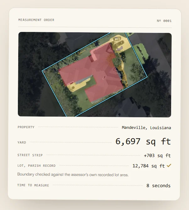 A Meadowbrook Measure sheet: aerial photo with the yard measured, roof and driveway shaded, parish record verified