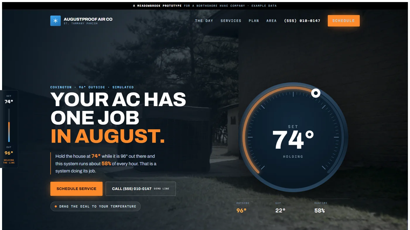 An air-conditioning homepage with a large dial set to 74 degrees beside the headline “Your AC has one job in August”, over a dusk photograph of a condenser unit beside a house.
