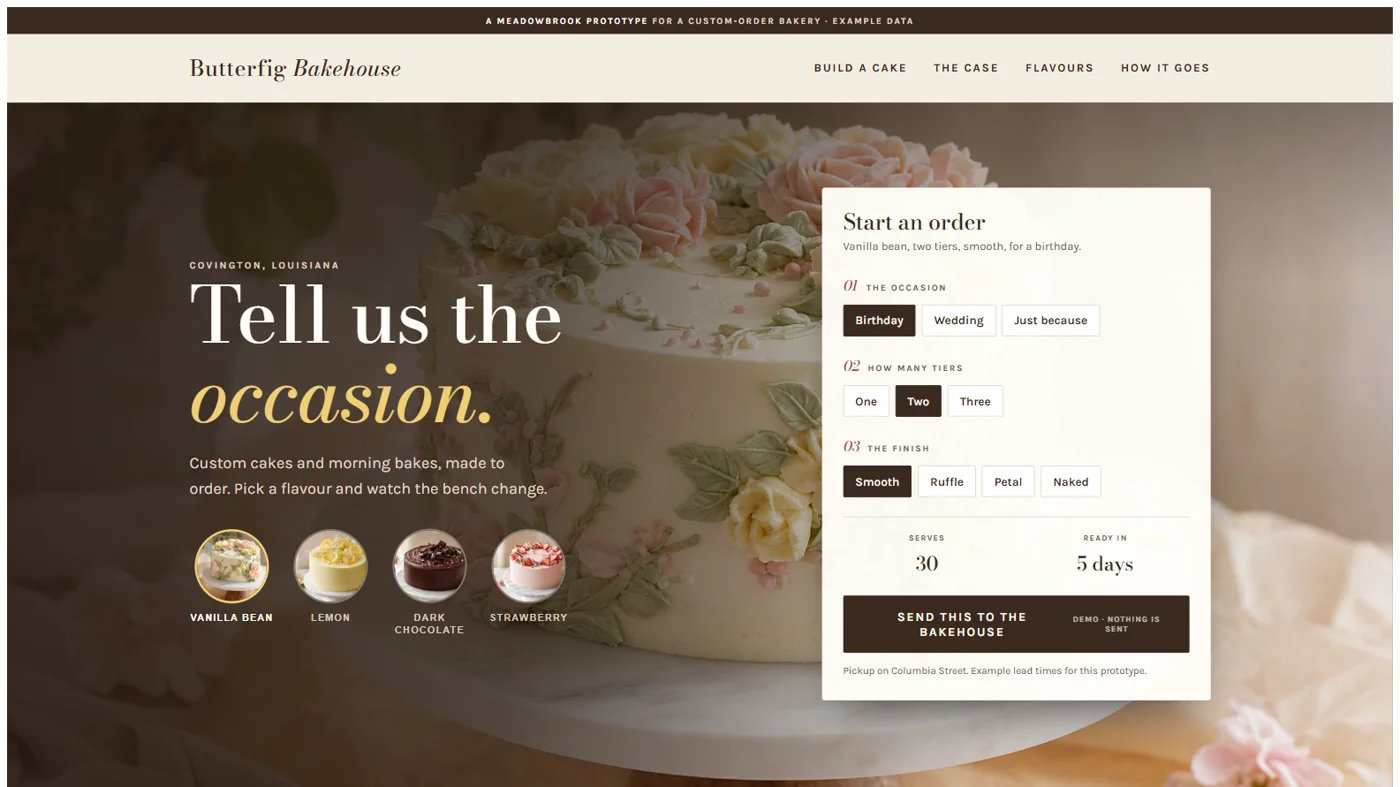 A bakery homepage: a photographed white cake piped with flowers behind the words “Tell us the occasion”, with four flavour buttons and an order card alongside.