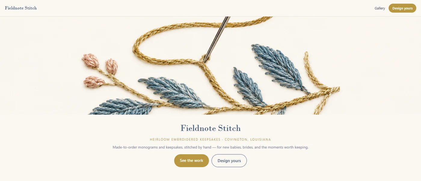 An embroidery shop homepage: a close photograph of gold and blue thread worked into a leafy sprig, above the shop name and two calls to action.